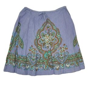 Kushi Skirt Womens Size 12 Blue Floral Sequin Drawstring Waist 100% Cotton